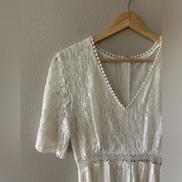 Promesa Lace Maxi V Neck Short Sleeve Dress Off White Cream Size Small - Picture 2 of 8